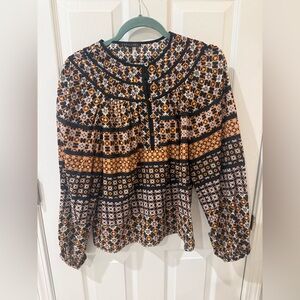 Caballero Black and Orange Graphic Long Sleeve Blouse